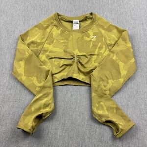 Gymshark Crop Top Womens Medium Yellow Adapt Camo Seamless Long Sleeve Gym Yoga